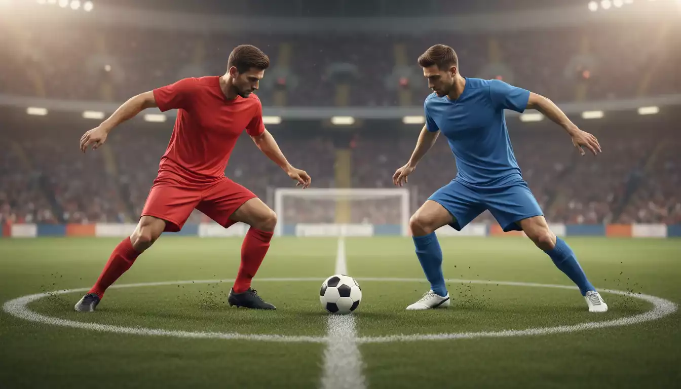 Dos jugadores de fútbol de equipos rivales disputando el balón en el centro del campo