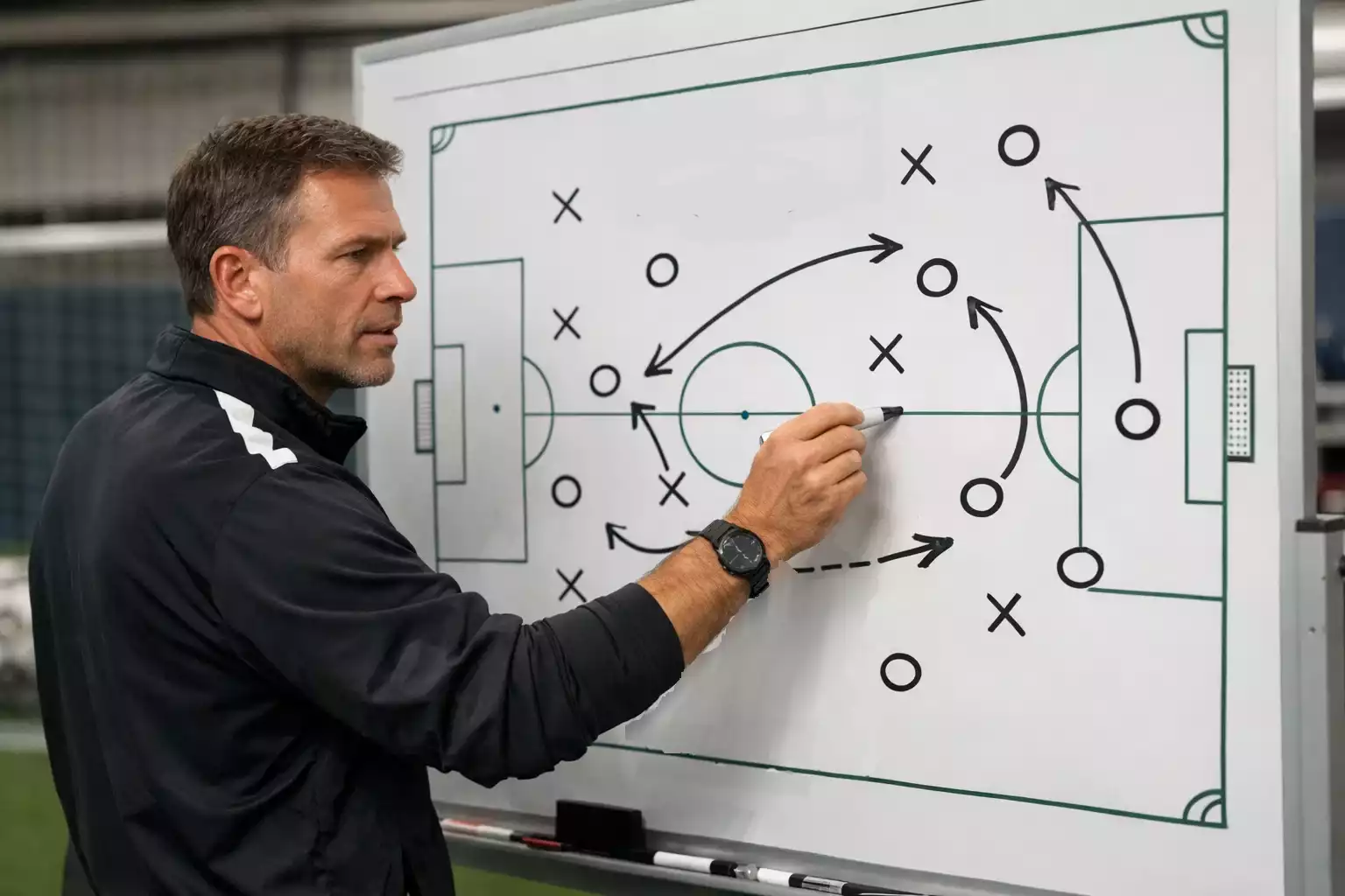 Entrenador de fútbol analizando táctica con pizarra