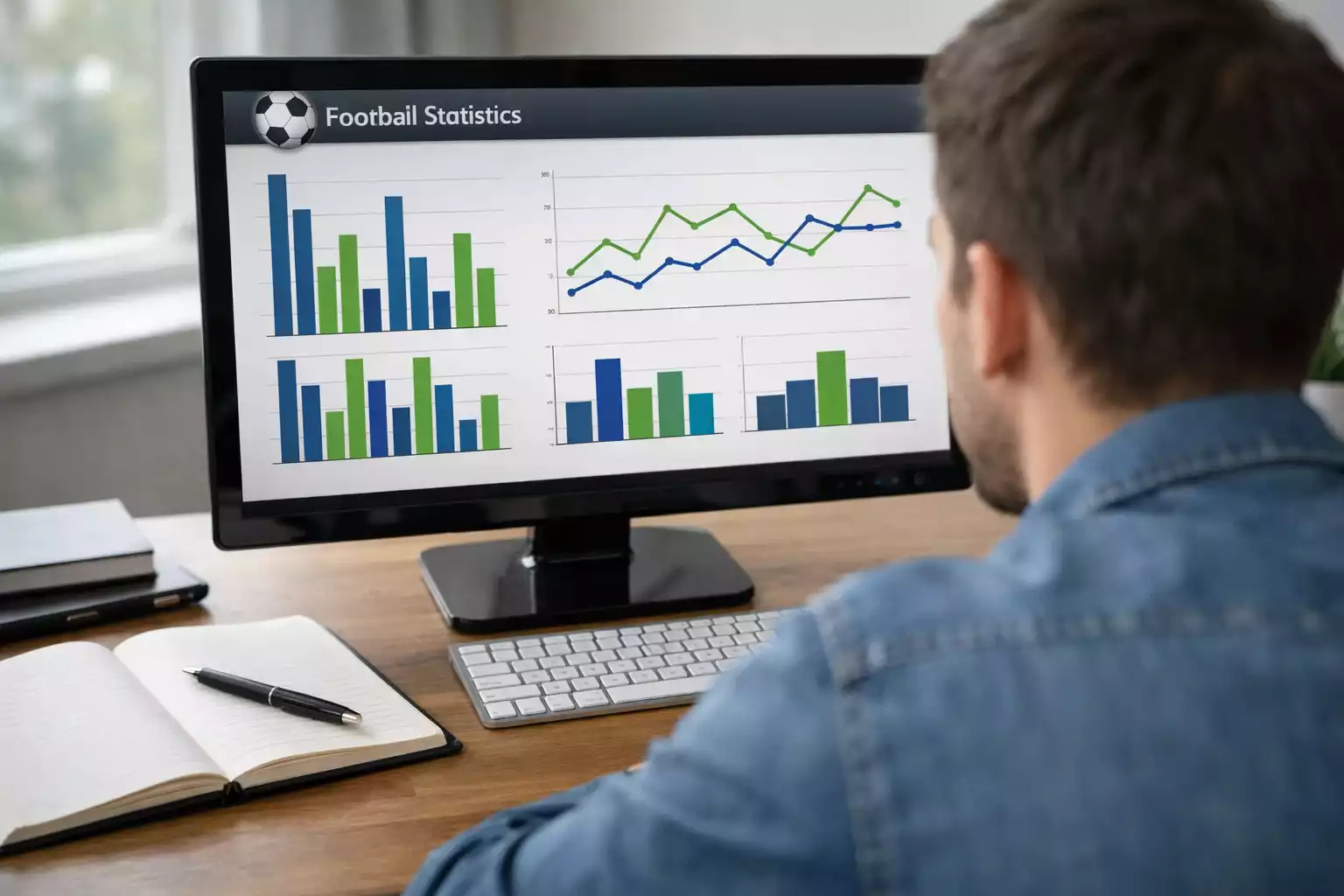 Persona analizando estadísticas de fútbol en pantalla de ordenador con gráficos de rendimiento