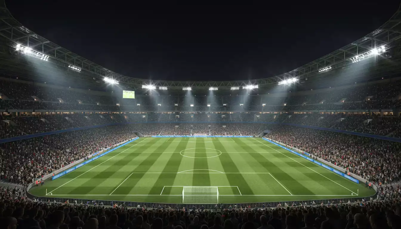 Estadio de fútbol europeo iluminado de noche con el césped preparado para un gran partido