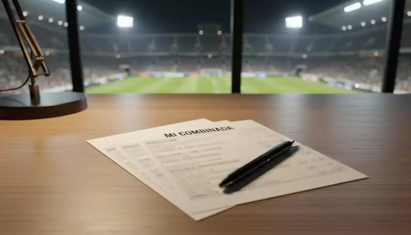 Varios boletos de apuestas deportivas sobre una mesa junto a un campo de fútbol iluminado