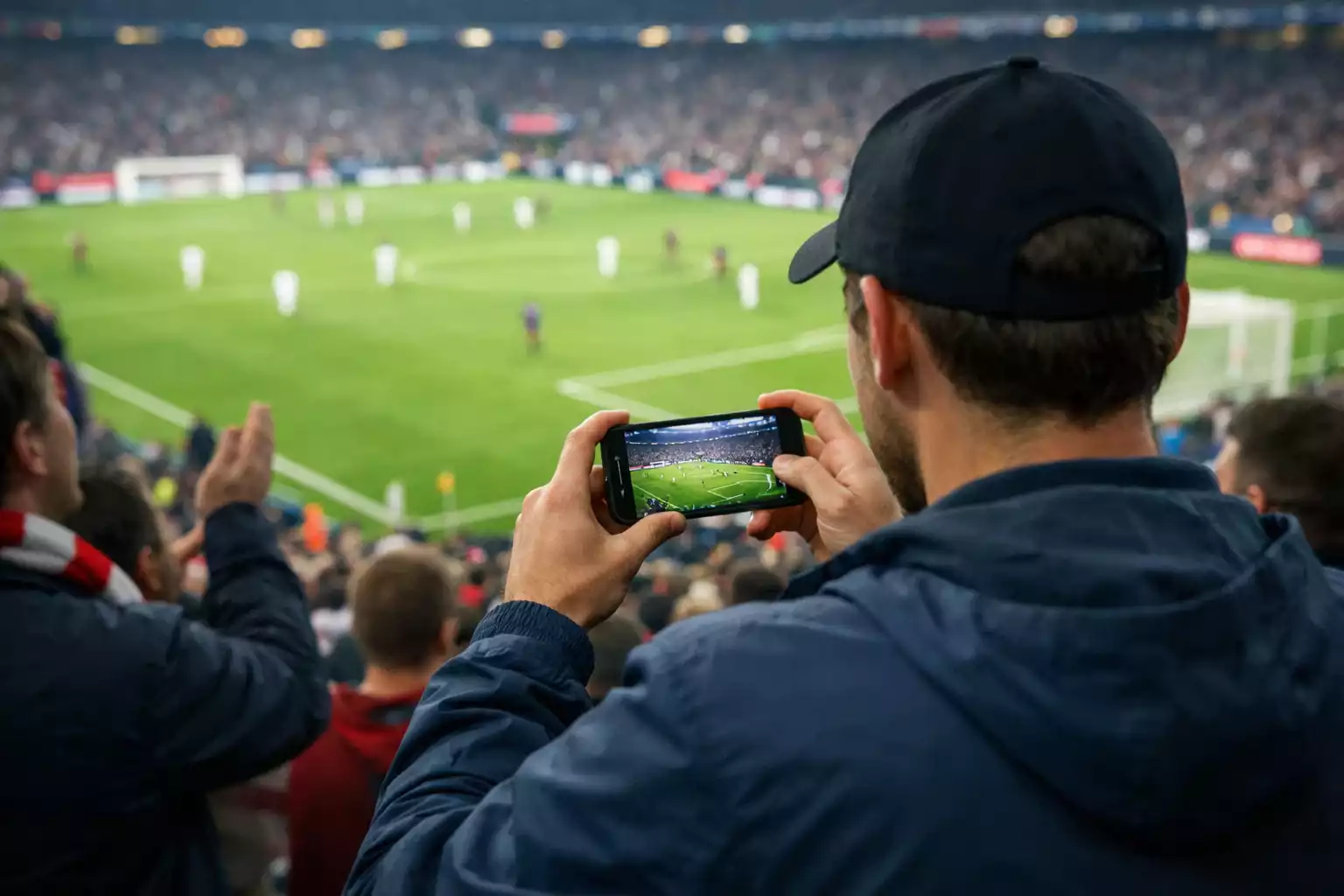 Aficionado viendo partido de fútbol en el estadio con móvil