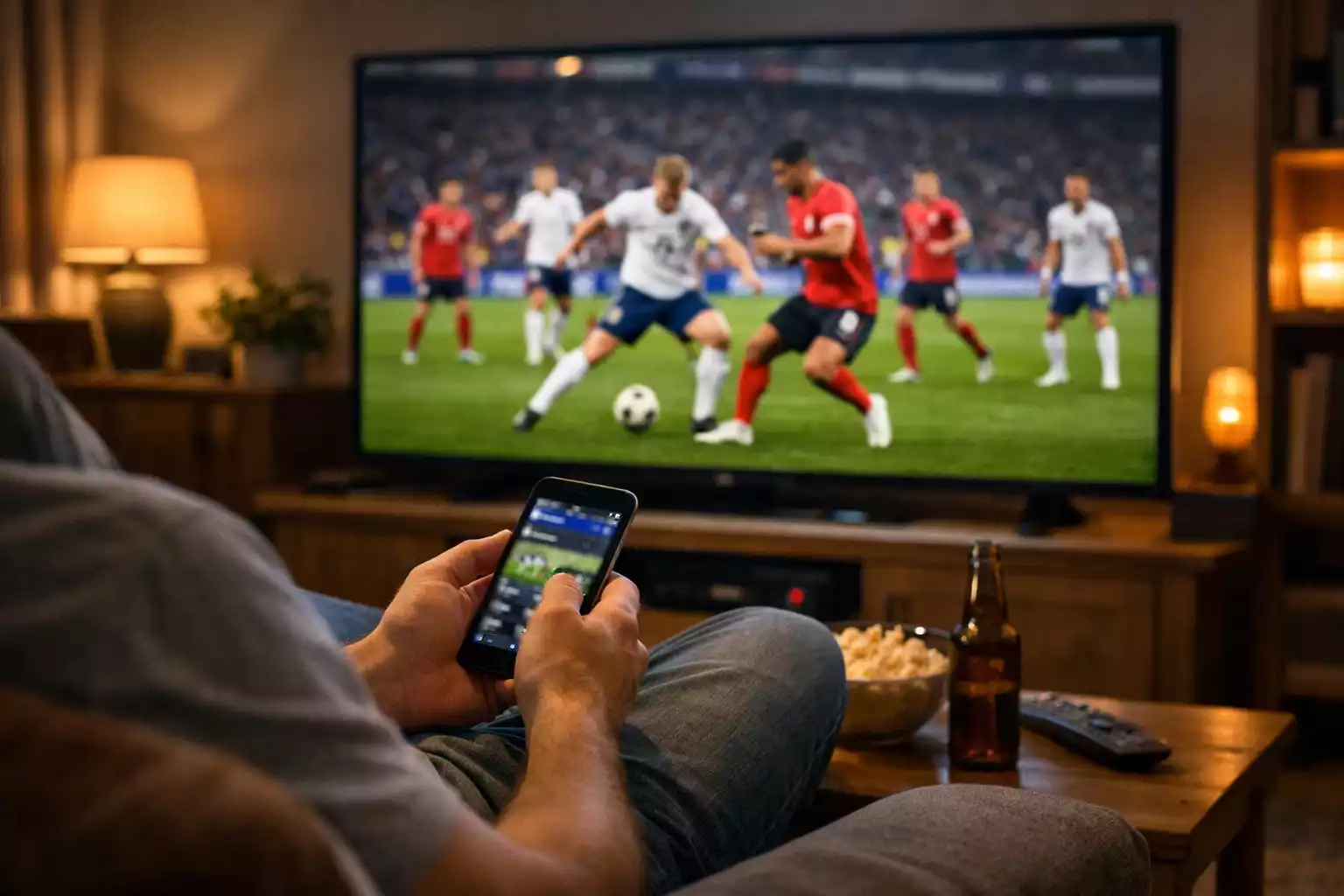 Aficionado viendo partido de fútbol en directo en televisión con smartphone en la mano
