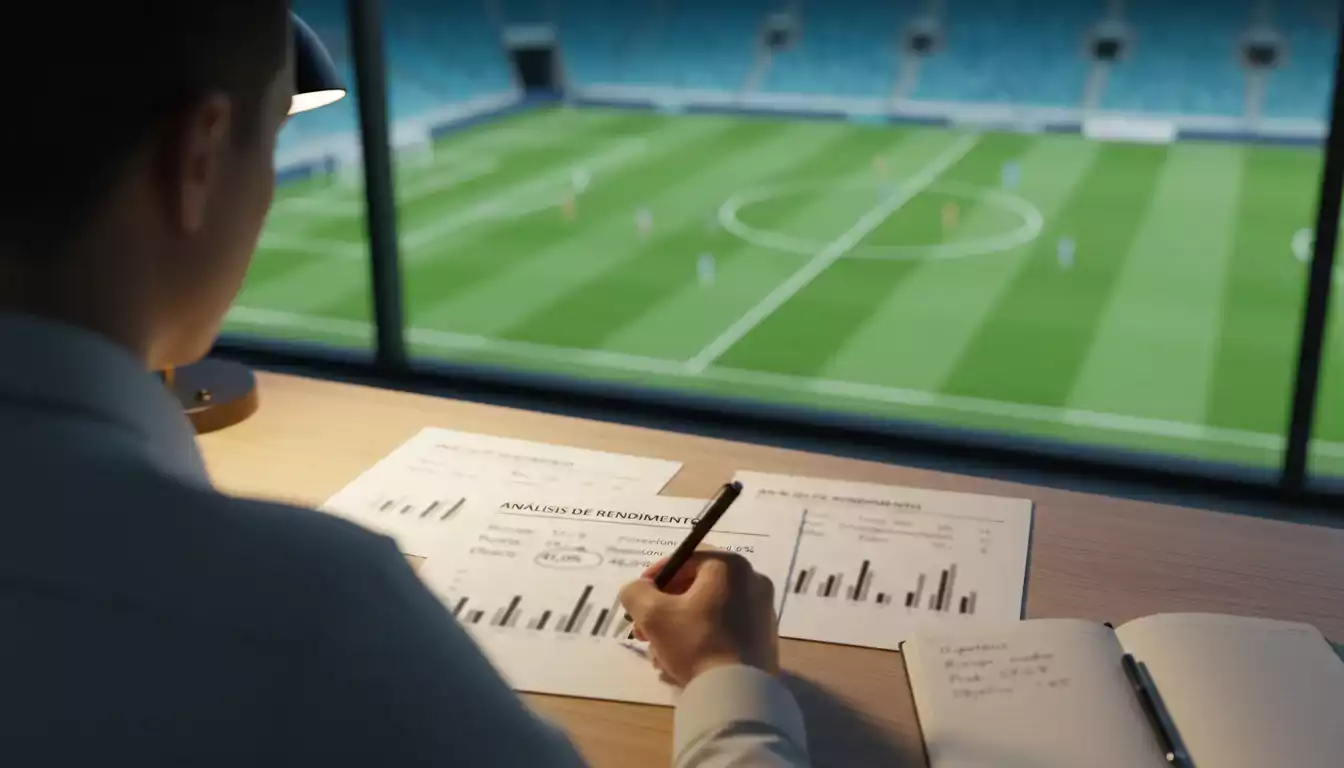 Analista deportivo estudiando gráficos de rendimiento de fútbol con un campo verde al fondo