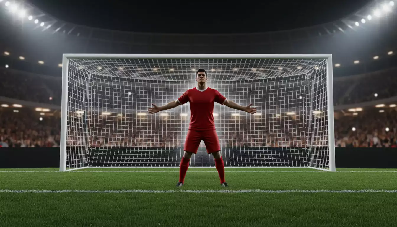 Delantero de fútbol celebrando un gol con los brazos abiertos en un estadio lleno de noche