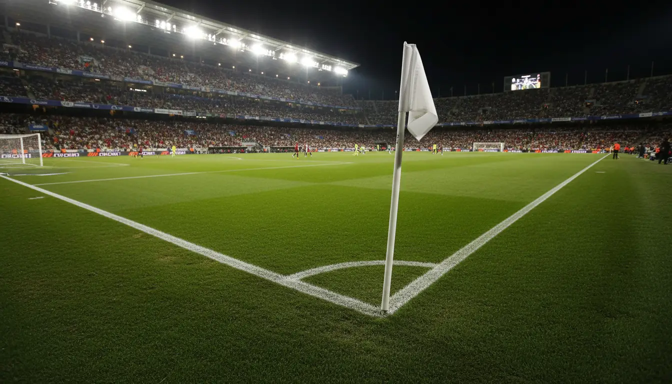 Campo de fútbol de un estadio español con césped verde impecable bajo los focos nocturnos