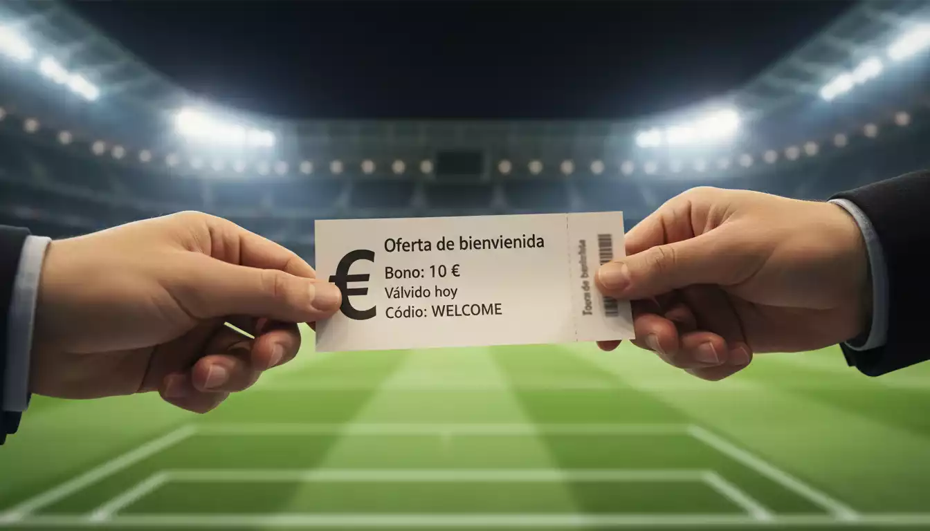 Mano recibiendo un boleto de apuesta con un símbolo de euro sobre un fondo de estadio de fútbol