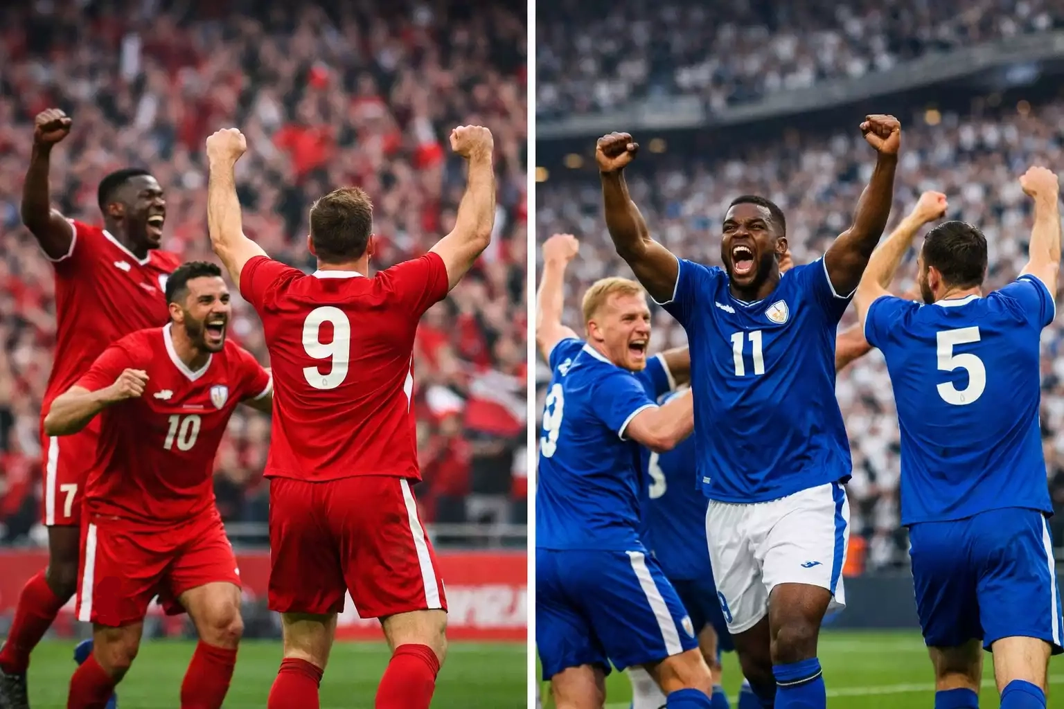 Dos equipos de fútbol celebrando goles en el campo