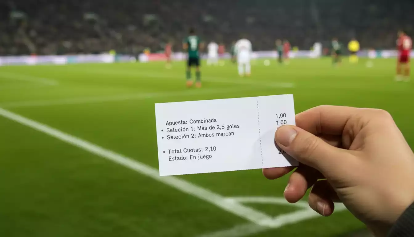 Mano de un apostador sosteniendo un boleto con un partido de fútbol en marcha de fondo