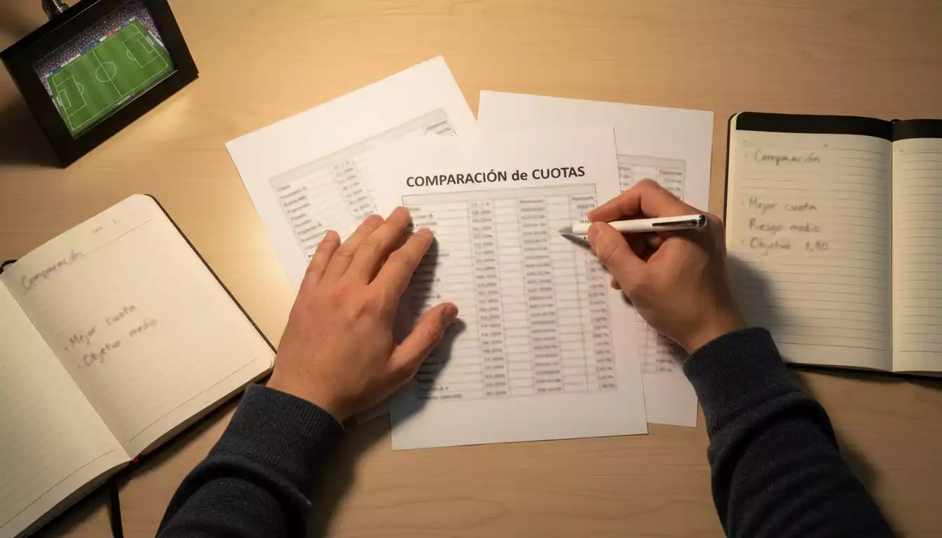 Persona revisando varias pantallas con datos de partidos de fútbol en un escritorio ordenado