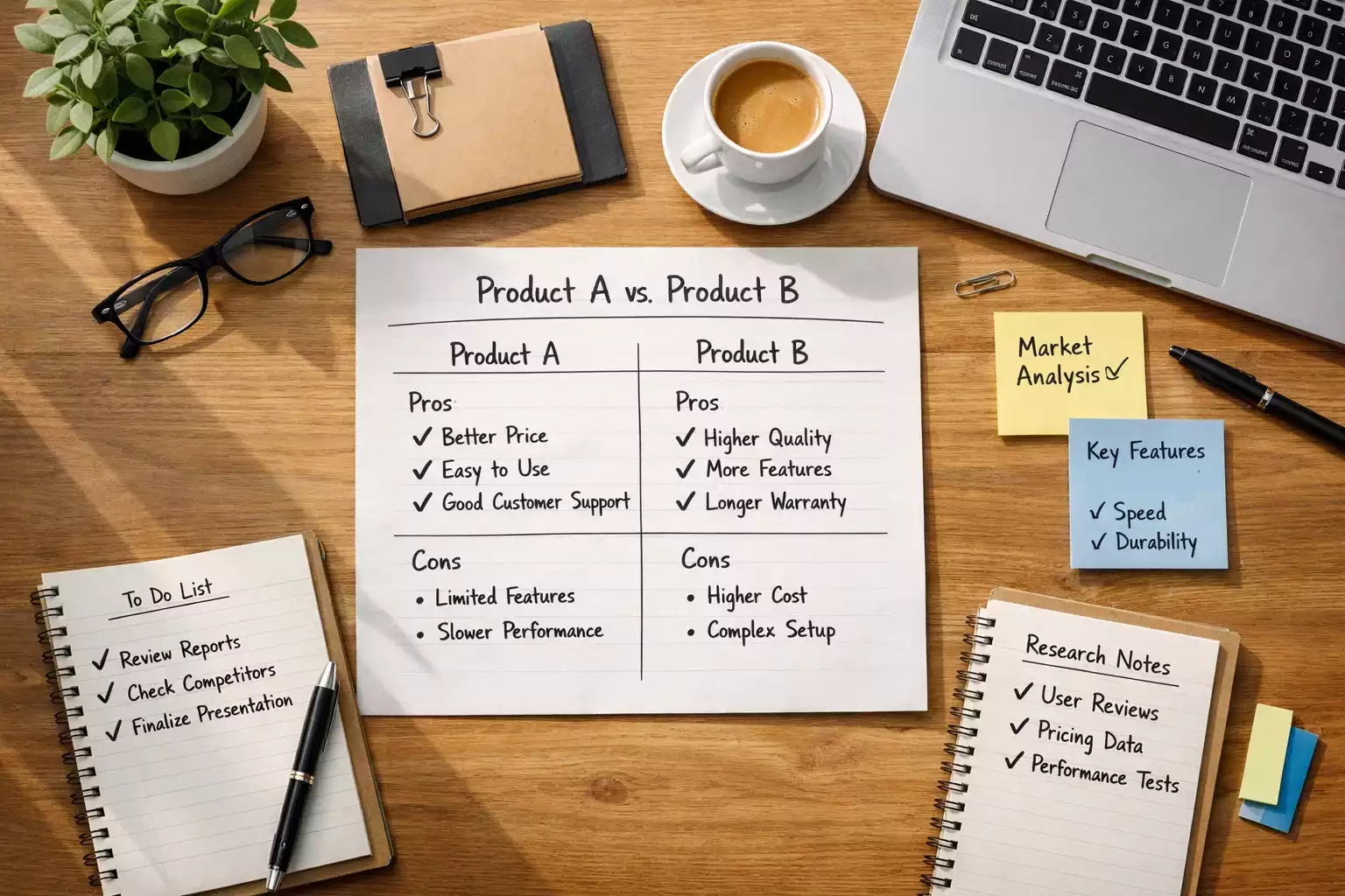 Mesa con notas de comparación y ordenador