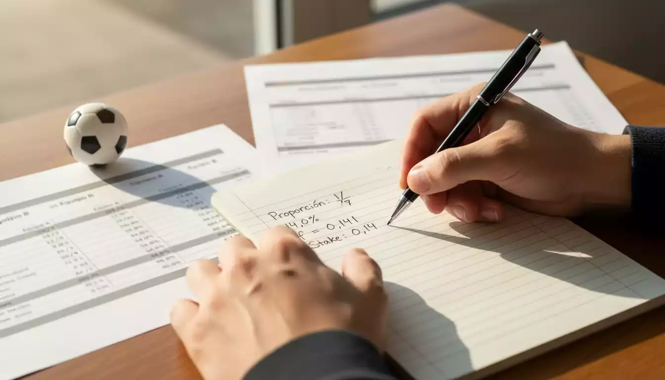 Persona escribiendo cálculos de proporciones en una libreta junto a notas de partidos de fútbol