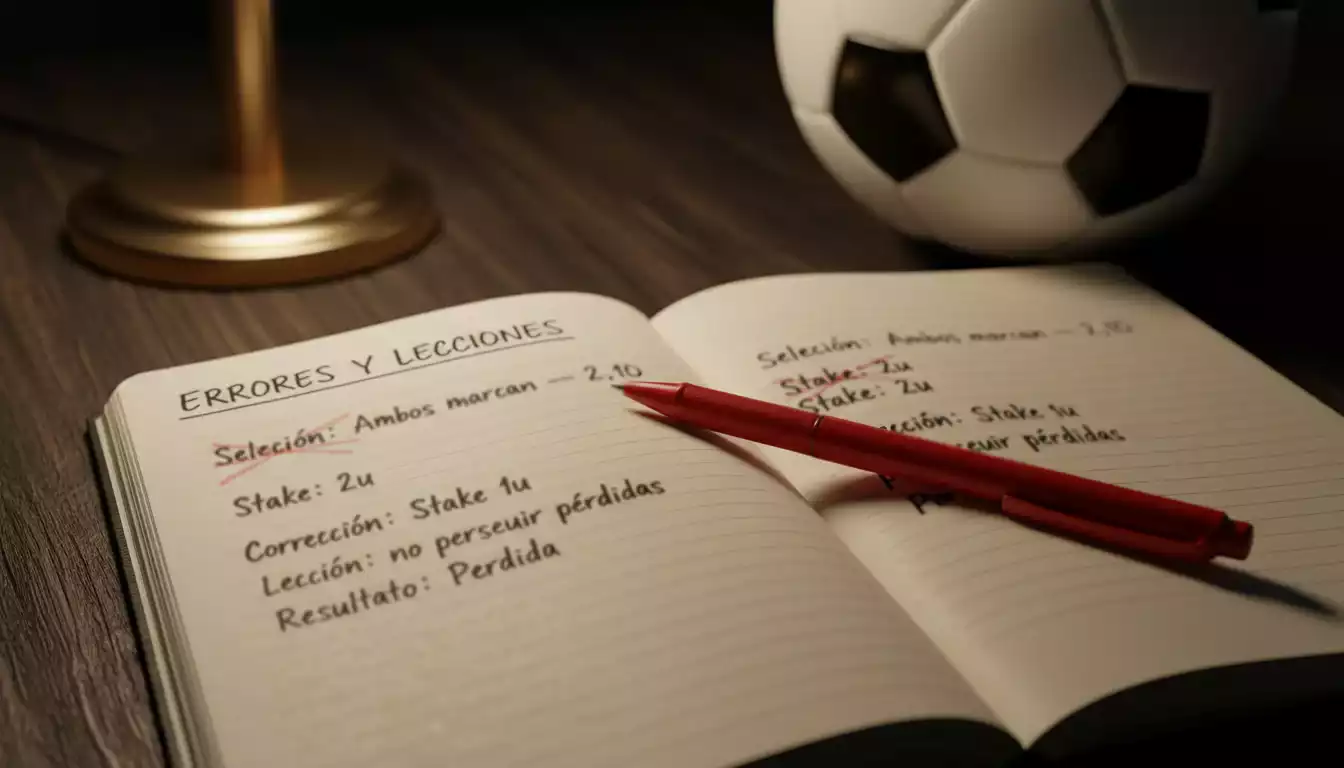 Libreta con anotaciones de apuestas tachadas y un bolígrafo rojo sobre un escritorio oscuro