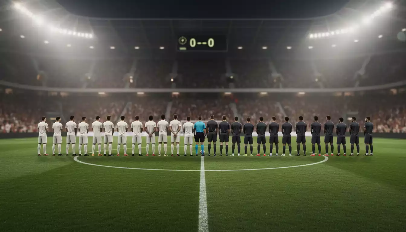 Dos equipos de fútbol alineados en el centro del campo antes del saque con el marcador 0-0