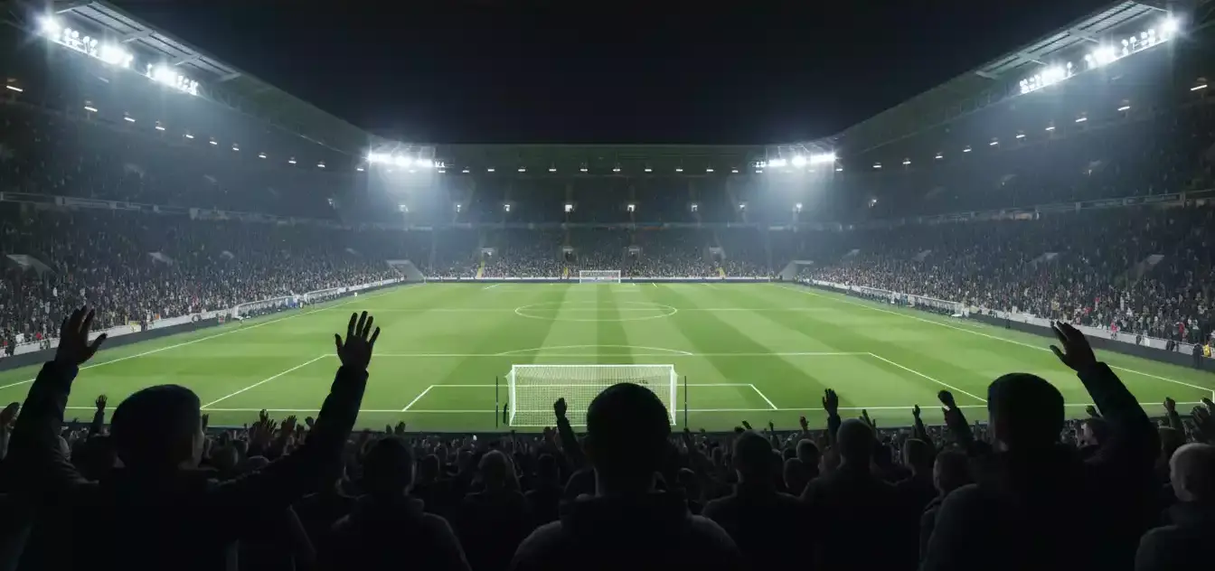 Grada de un estadio de fútbol con aficionados atentos siguiendo la acción en el césped iluminado