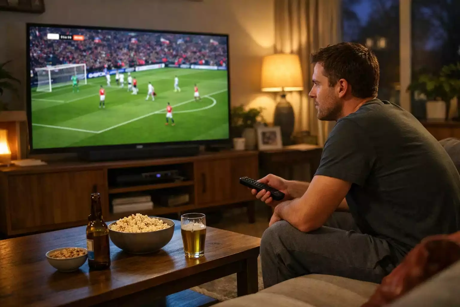 Persona concentrada viendo partido en pantalla grande