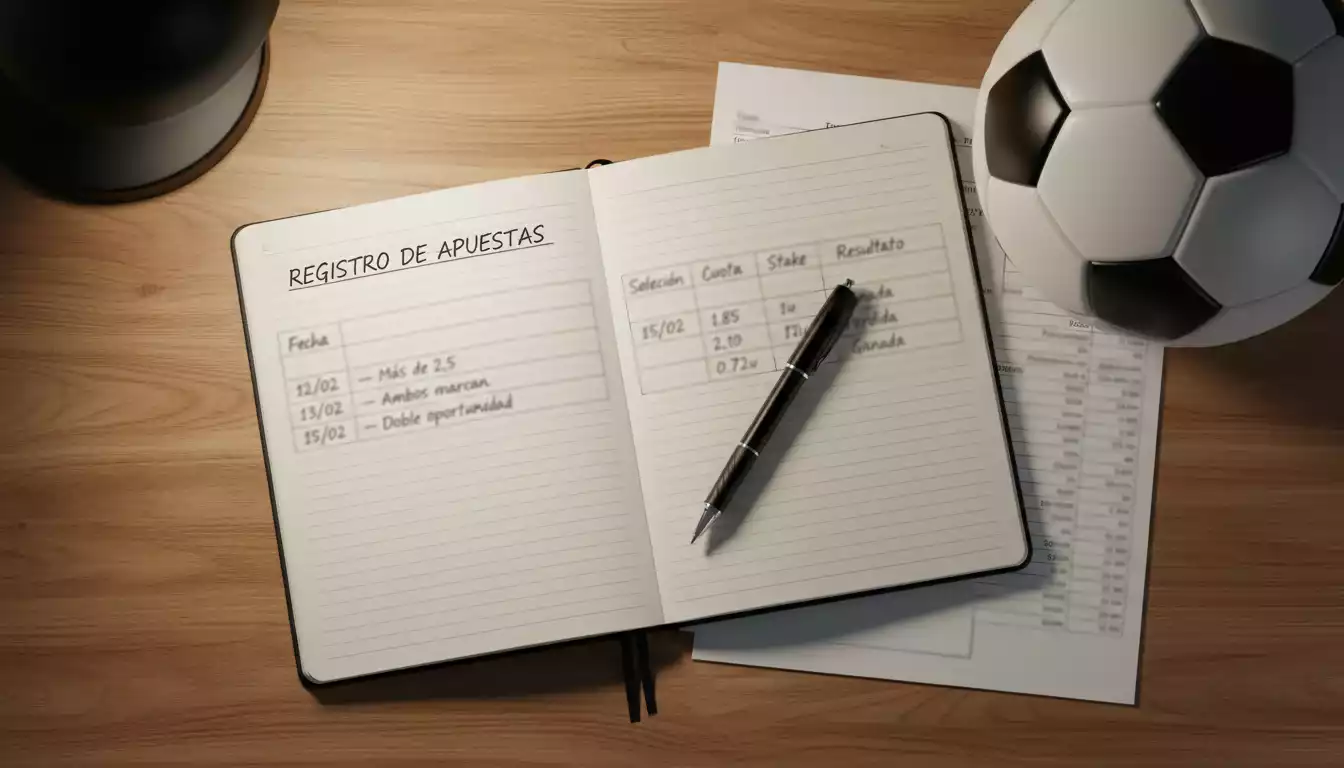 Libreta abierta con registro de apuestas y cálculos junto a un balón de fútbol sobre la mesa