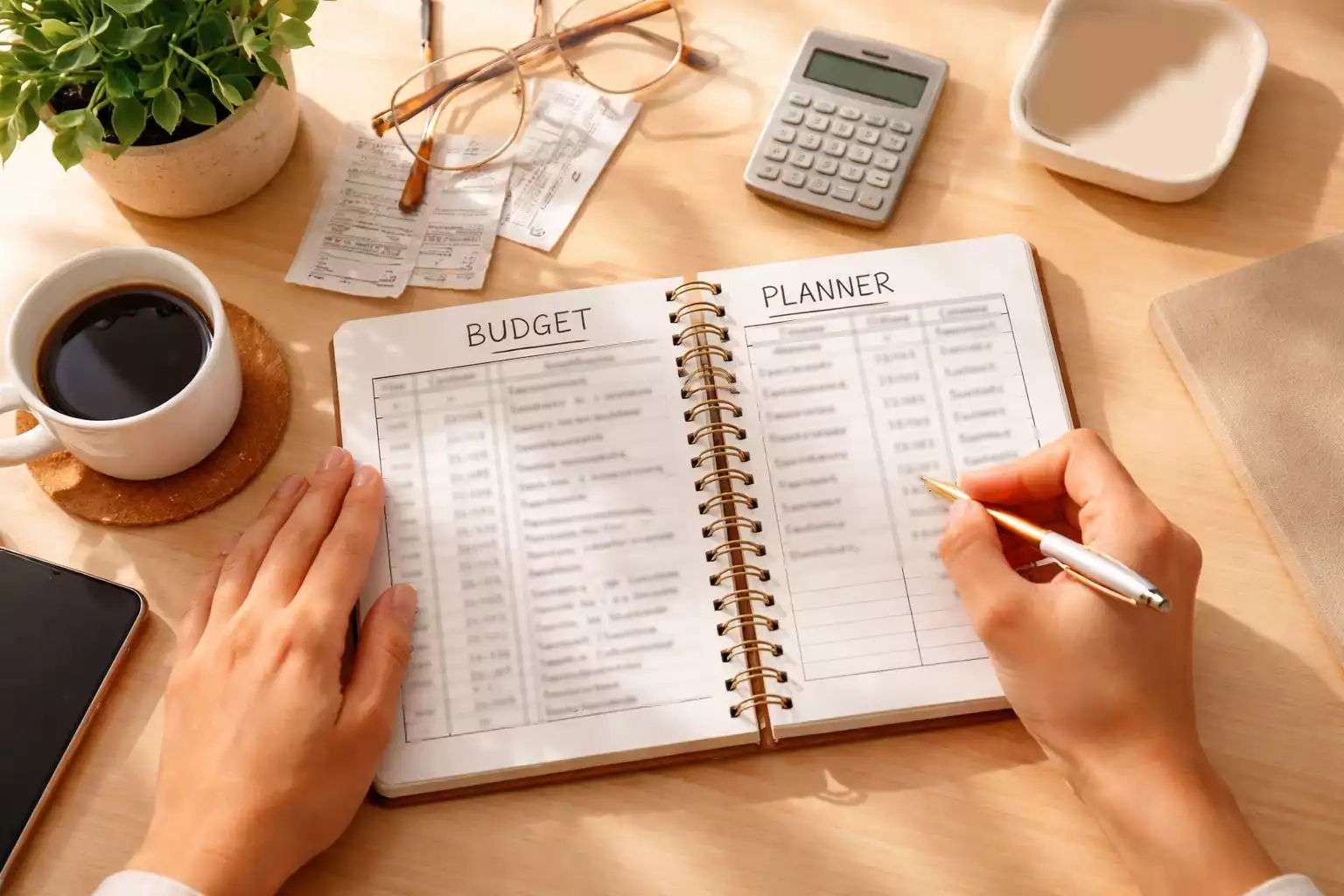 Persona organizando su presupuesto con notas y bolígrafo