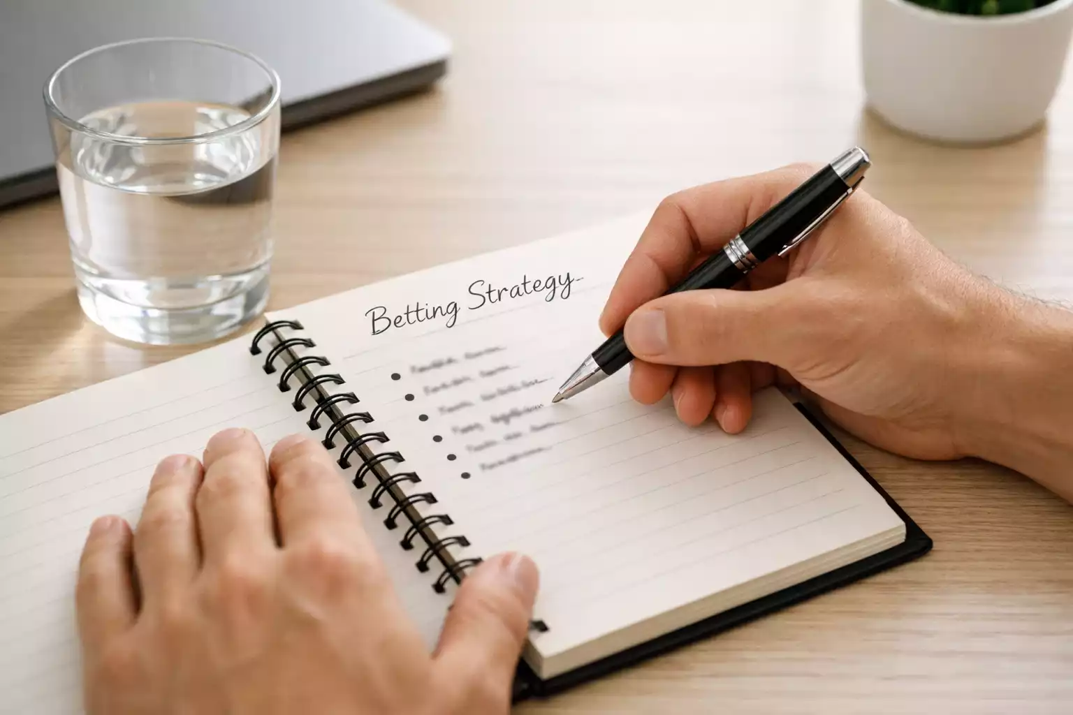 Persona escribiendo un plan financiero en un cuaderno con bolígrafo sobre mesa ordenada