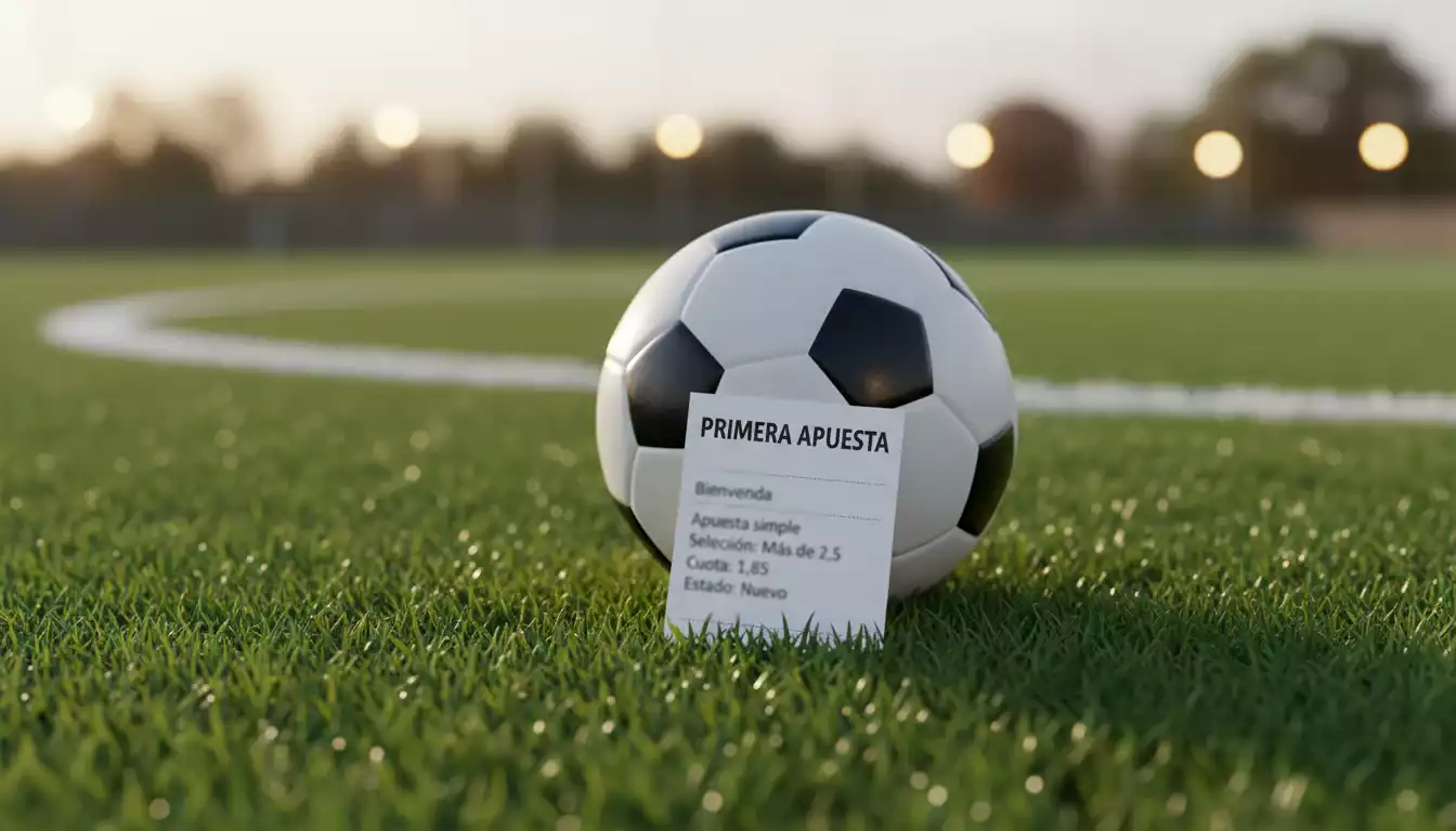 Balón de fútbol sobre el césped de un estadio con un boleto de apuesta apoyado en él
