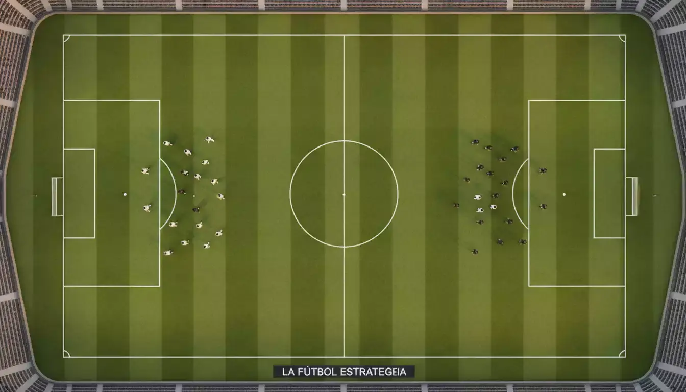 Vista cenital de un campo de fútbol con jugadores posicionados antes del saque inicial