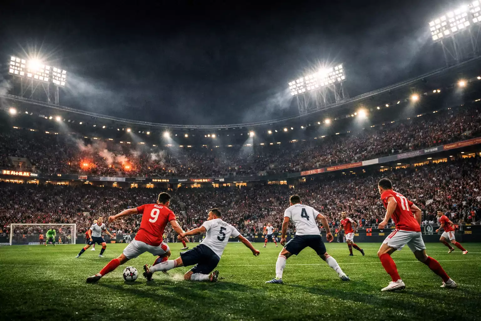 Partido de fútbol en directo con estadio iluminado