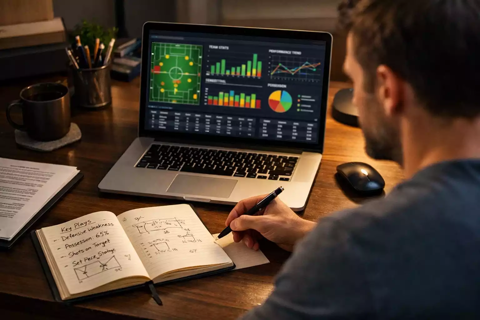 Persona analizando estadísticas de fútbol en su escritorio