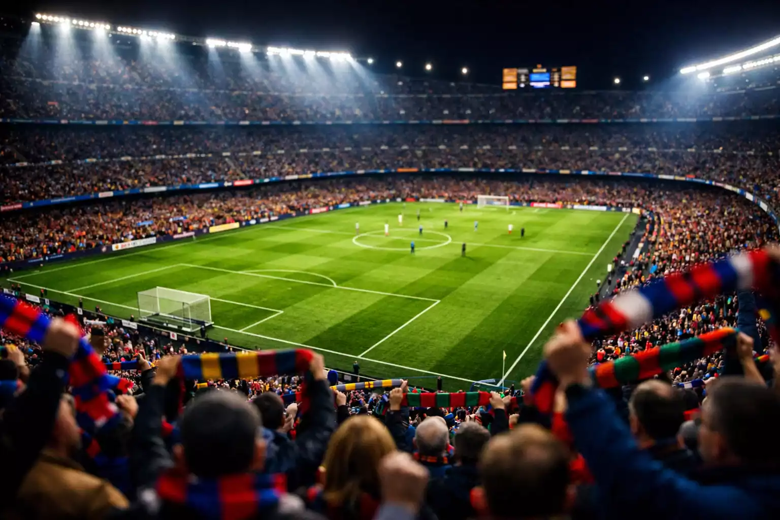 Estadio de fútbol lleno de aficionados durante un partido nocturno