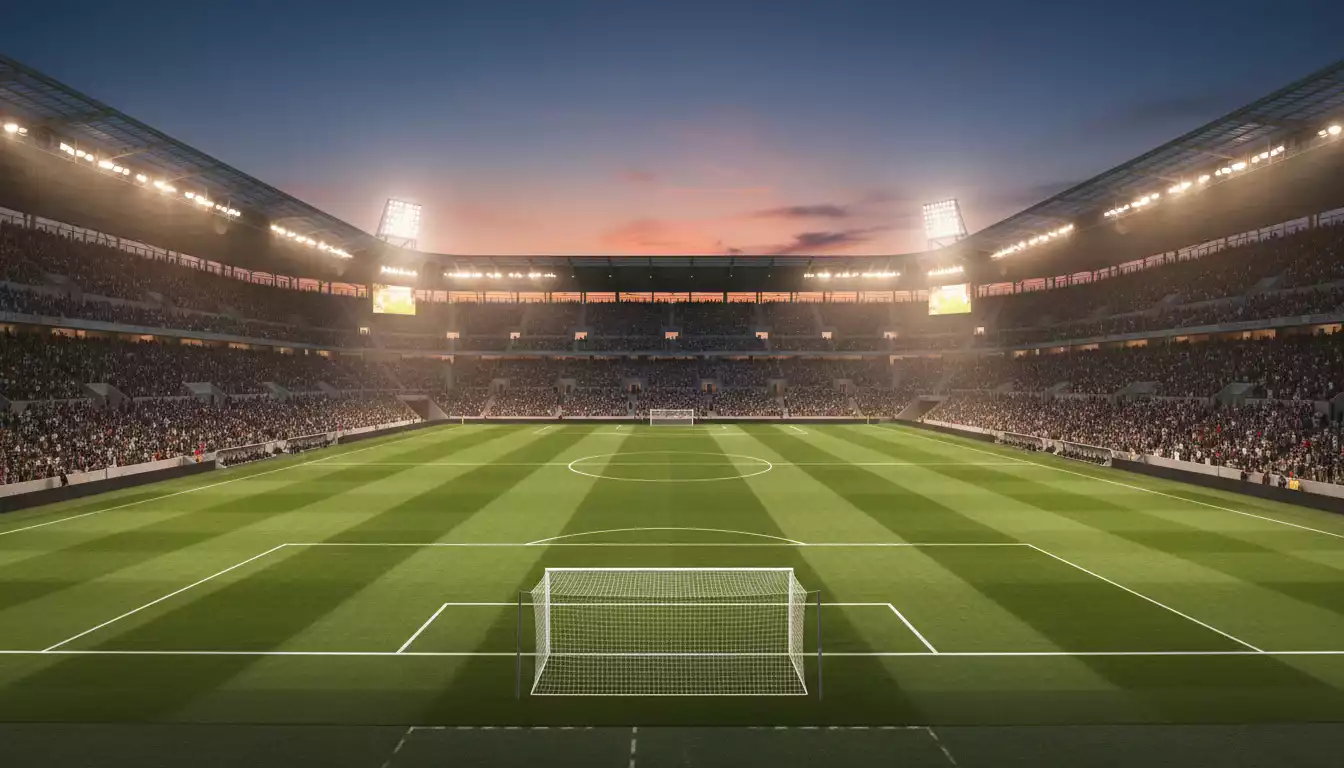 Partido de fútbol en curso visto desde la grada con el marcador 0-0 en un estadio nocturno