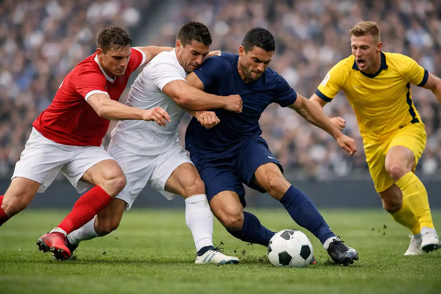 Futbolistas profesionales de diferentes equipos europeos compitiendo en un partido de alta intensidad