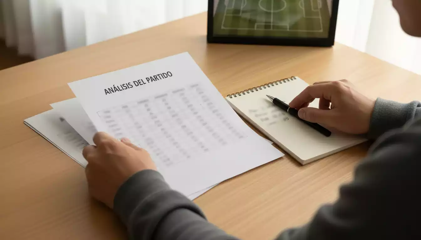 Persona analizando estadísticas de fútbol con documentos y notas sobre una mesa de trabajo
