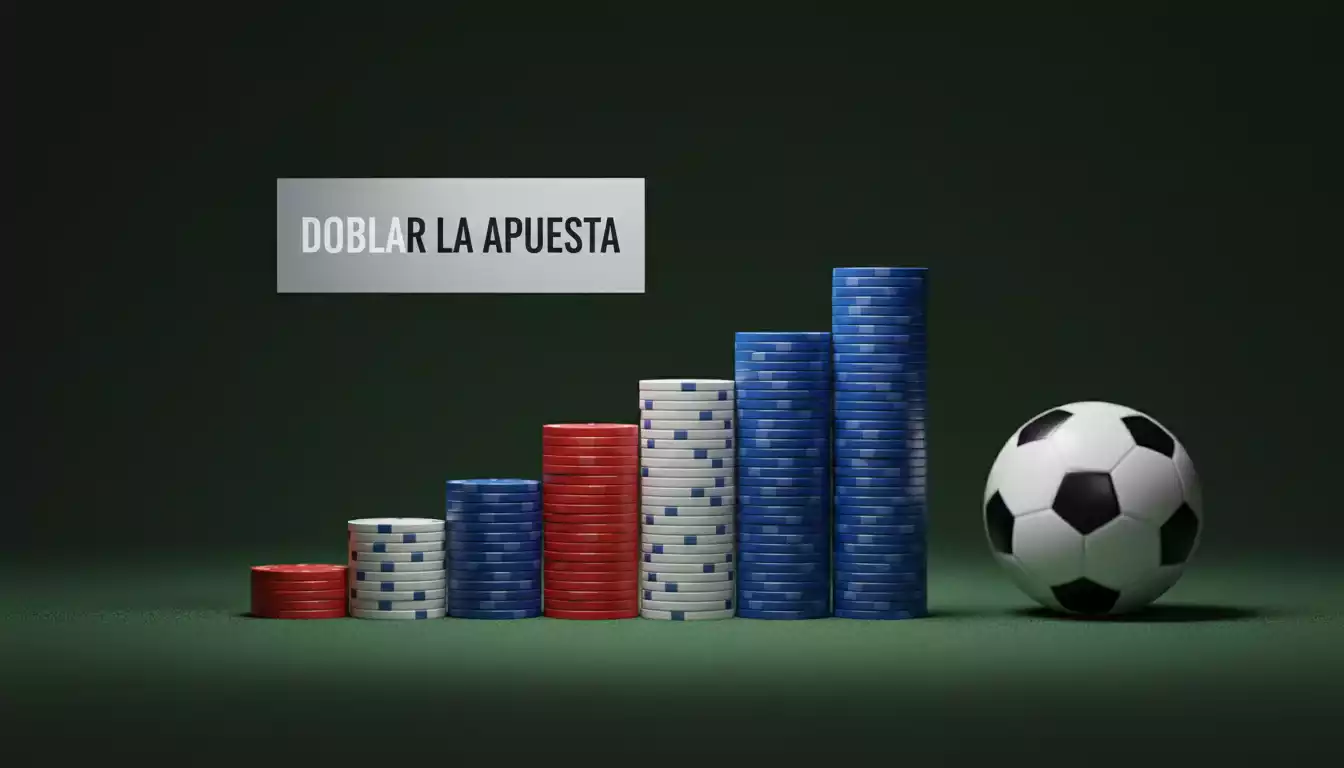 Fichas de apuestas apiladas en progresión creciente sobre una mesa con un balón de fútbol al lado