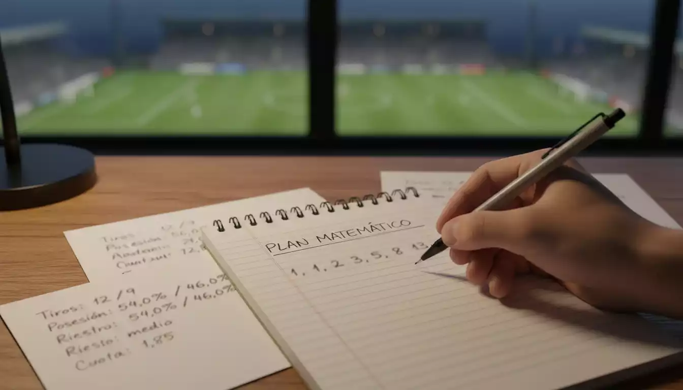 Libreta abierta con una secuencia numérica escrita a mano junto a un campo de fútbol al fondo