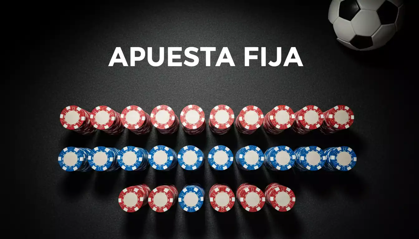 Fichas de apuestas ordenadas en filas uniformes sobre una mesa junto a un balón de fútbol