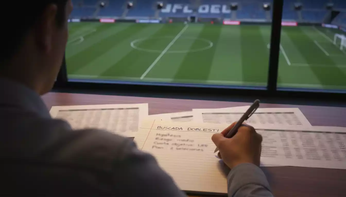 Analista deportivo revisando datos de fútbol en una libreta con un campo de juego al fondo
